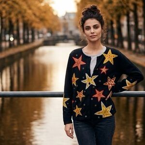 Michael Simon Light Star Embroidered Cardigan Black Beaded Holiday Sweater Sz M